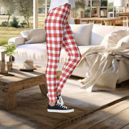 Elegant Countryside Picnic White Red Checkered Leggings