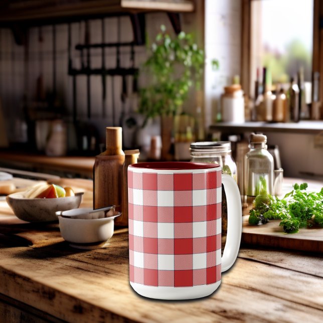 Elegant Countryside Picnic White Red Checkered Två-Tonad Mugg (Skapare uppladdad)