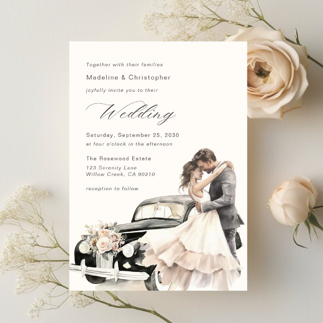 Elegant Couple Vintage Wedding Car Invitation Inbjudningar (Skapare uppladdad)