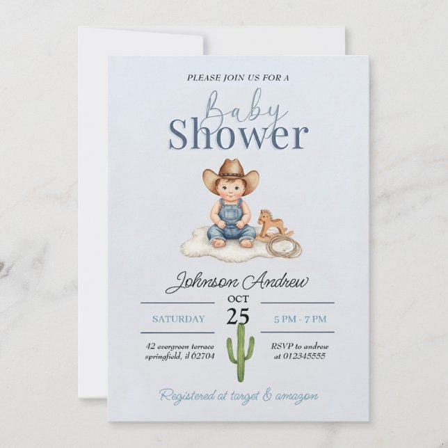 Elegant Cowboy Baby Shower Inbjudan (Framsida)