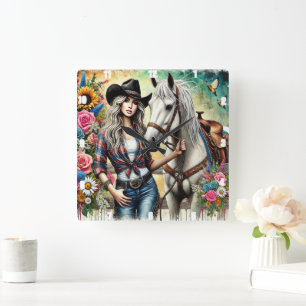Elegant Cowgirl med vackra vita hästar Fyrkantig Klocka