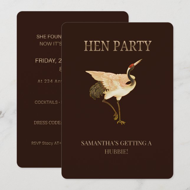 Elegant Crane Hen Party Invitation, Custom Bride t Inbjudningar (Fram/baksida)