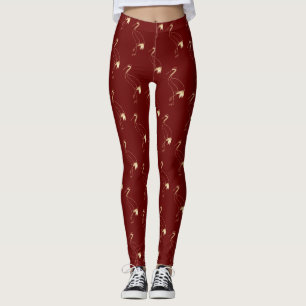 Elegant Crane Maroon Guld japansk linjeartikel Leggings