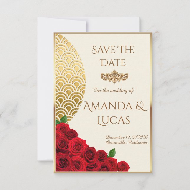 Elegant Cream and Gold Save the Date with Red Rose Meddelande (Framsida)