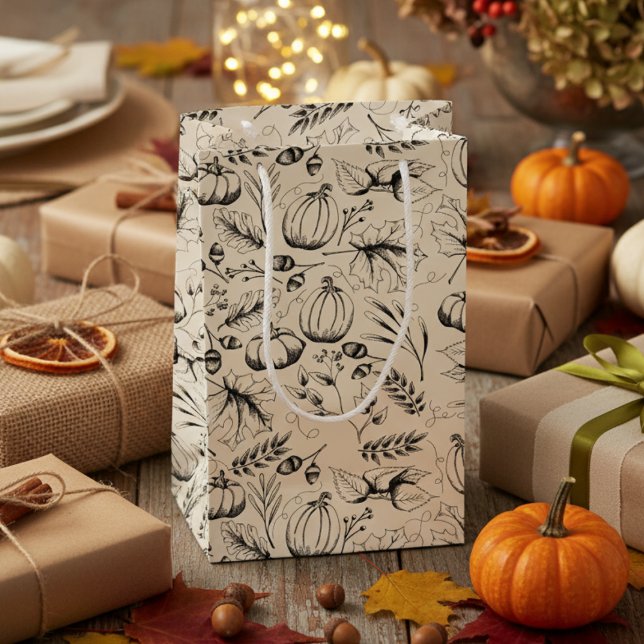 Elegant Cream Autumn Harvest Pumpkins Höst löv (Elegant Modern Fall Harvest & Foliage Black and White Gift Bags. Autumn Pumpkins & Leaves Pattern)