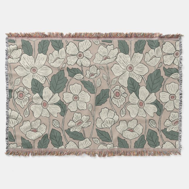 Elegant Cream Beige & Green Illustrated Floral  Filt (Framsidan)