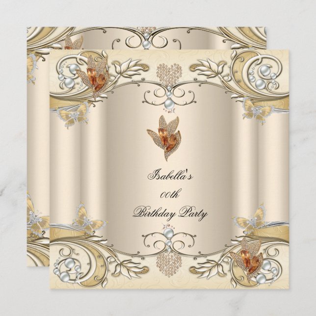 Elegant Cream Beige Guld Butterfly Födelsedagsfest Inbjudningar (Fram/baksida)