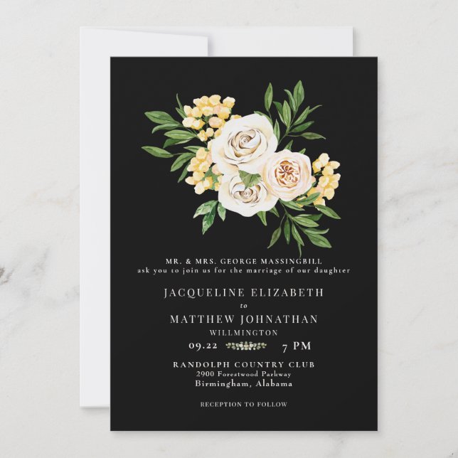 Elegant Cream & Black Blommigt Bröllop Inbjudningar (Framsida)