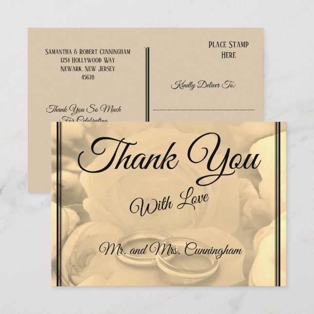 Elegant Cream Blommigt & Ringar Tack vykort (Fram/baksida)