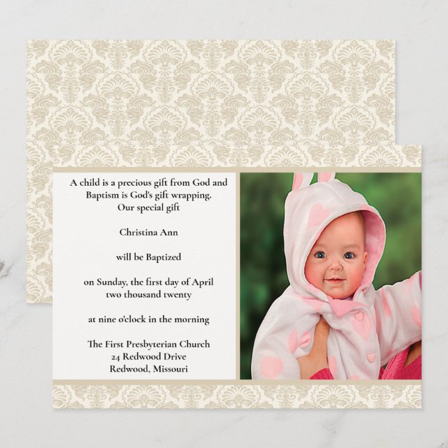 Elegant Cream Damask Design Baptism Inbjudningar (Fram/baksida)