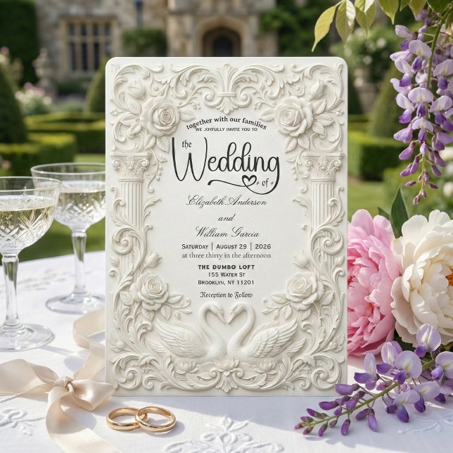 Elegant Cream Faux Sculpted Swans Wedding   Inbjudningar (Skapare uppladdad)