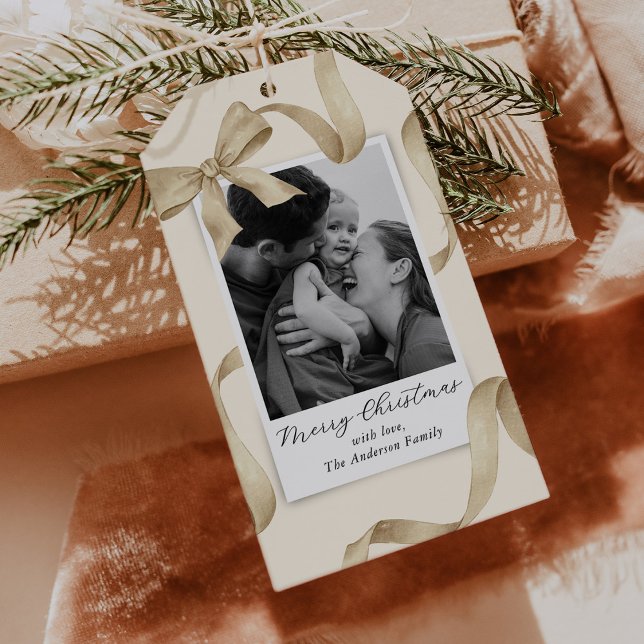 Elegant Cream Gold Bow Photo Holiday Presentetikett (Skapare uppladdad)