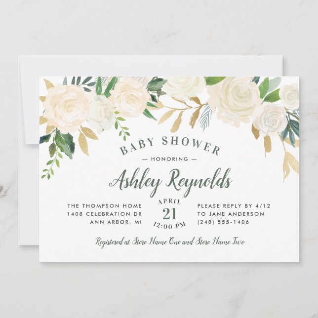 Elegant Cream Guld Blommigt Greenery Baby Shower Inbjudningar (Framsida)