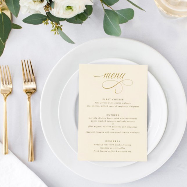 Elegant Cream Guld Calligraphy Luxury Bröllop Meny (Elegant Gold and Cream Calligraphy Wedding Menu - Classy Sophisticated Luxury Script)