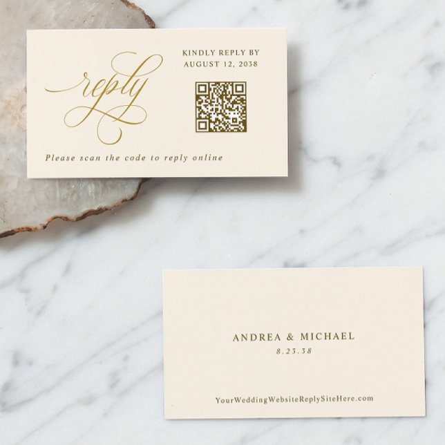 Elegant Cream Guld Small OSA QR Code Bröllop Tilläggskort (Elegant Cream and Gold Calligraphy Small Wedding RSVP Cards with QR Code)