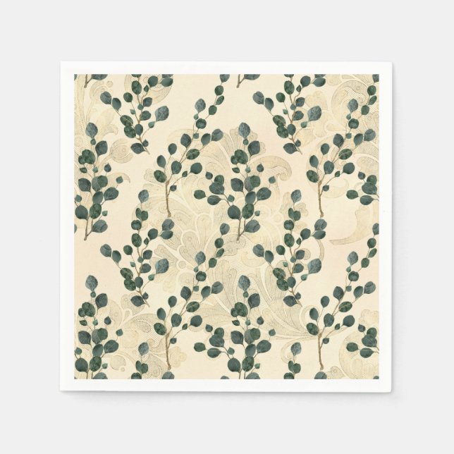 Elegant Cream Guld Whimsical Eucalyptus Greenery Pappersservett (Framsidan)