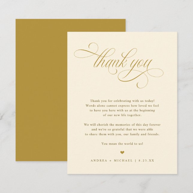 Elegant Cream och Guld Calligraphy Bröllop Tack Kort (Fram/baksida)