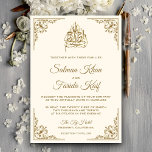 Elegant Cream och Guld muslimska Bröllop Inbjudningar<br><div class="desc">Akta dina gäster med den här islamiska bröllopsinbjudan från stil med en elegant guld ornate gräns och "Bismillah" i arabisk kalligrafi på en gräddbakgrund. Lägg bara till din händelseinformation i den här mallen som är enkel att använda för att göra den till en inbjudan av typen en. Vänd över kortet...</div>