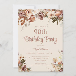 Elegant Cream och Rosa 90:e Blommigt födelsedag Inbjudningar