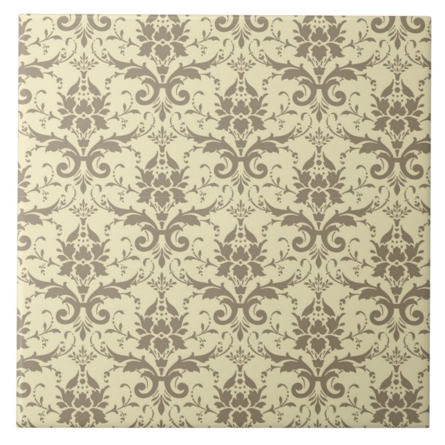 Elegant Cream och Tan Damask Kakelplatta (Framsidan)