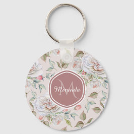Elegant Cream Ro Blommigt Monogram och Namn Nyckelring