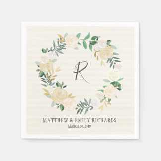 Elegant Cream Ro Blommigt Utandning Monogram Pappersservett