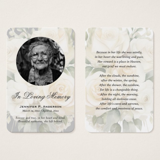 Elegant Cream Ro Photo Memorial Prayer-kort Visitkort (Framsida & baksida)