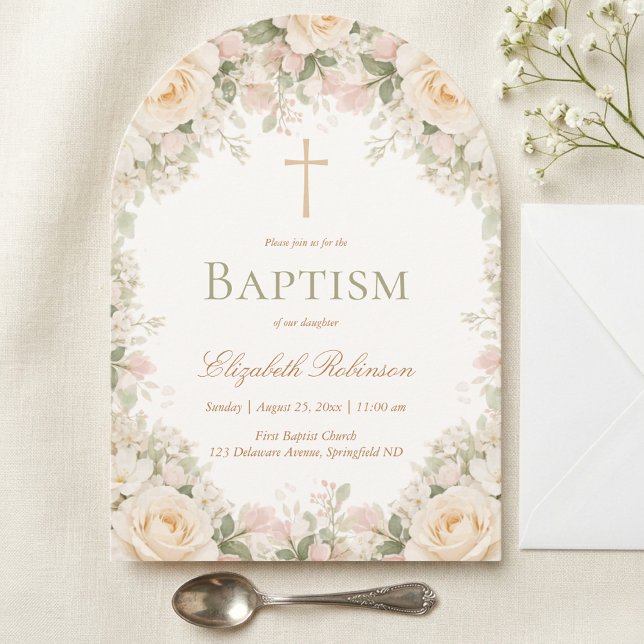 Elegant Cream Rose Floral Cross Baptism Inbjudningar (Skapare uppladdad)