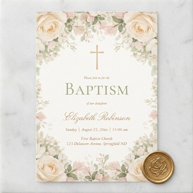 Elegant Cream Rose Floral Cross Baptism Inbjudningar (Skapare uppladdad)