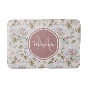 Elegant Cream Rosor Blommigt Monogram och Namn Badrumsmatta