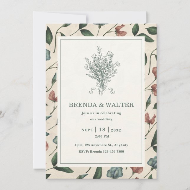 Elegant Cream Rustic Wildflower Sketch Wedding  Inbjudningar (Framsida)