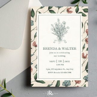 Elegant Cream Rustic Wildflower Sketch Wedding  Inbjudningar
