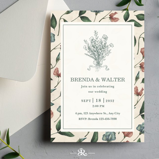 Elegant Cream Rustic Wildflower Sketch Wedding  Inbjudningar (Skapare uppladdad)