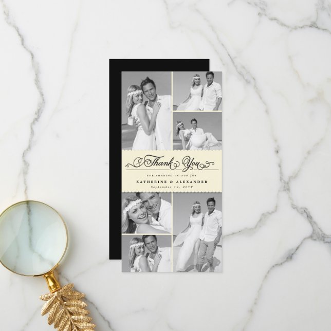 Elegant Cream Scalloped Band 6 Photo Chic Bröllop Tack Kort (Fram/Back In Situ)