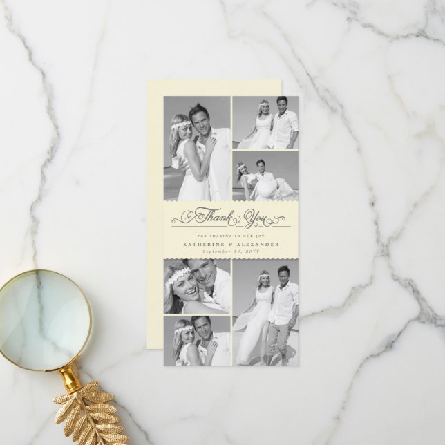 Elegant Cream Scalloped Band 6 Photo Chic Bröllop Tack Kort (Fram/Back In Situ)