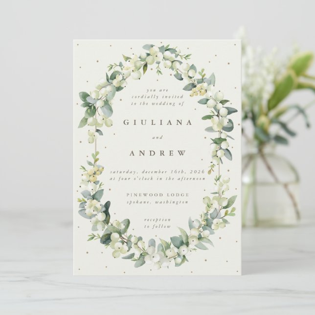 Elegant Cream Snowberry+Eucalyptus Winter Wedding Inbjudningar (Stående Fram)