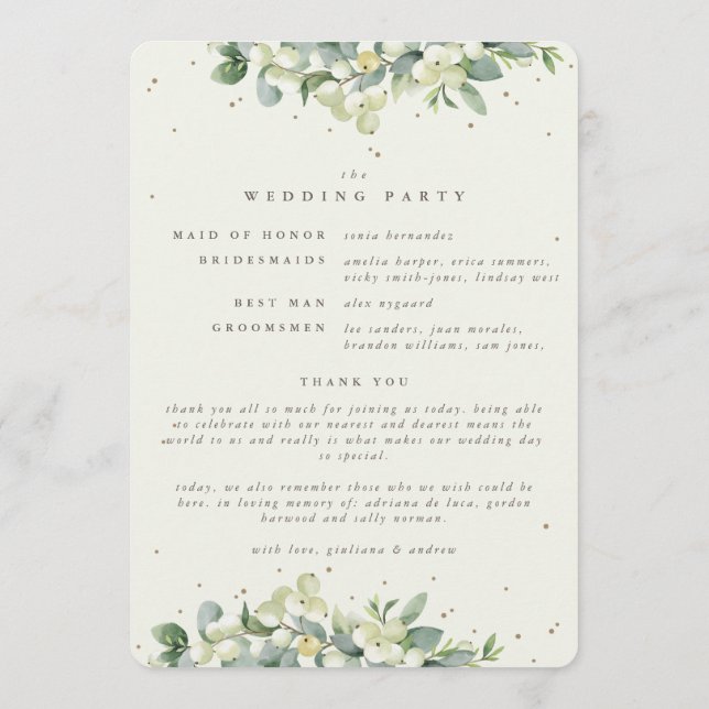 Elegant Cream Snowberry+Eucalyptus Winter Wedding Program (Baksida)