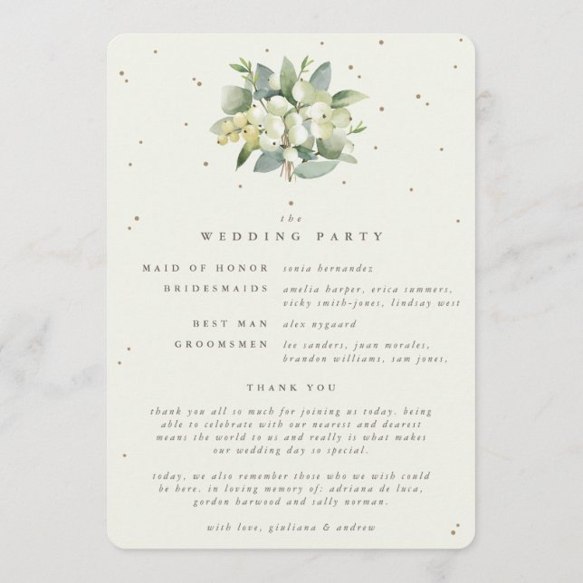 Elegant Cream Snowberry+Eucalyptus Winter Wedding Program (Baksida)
