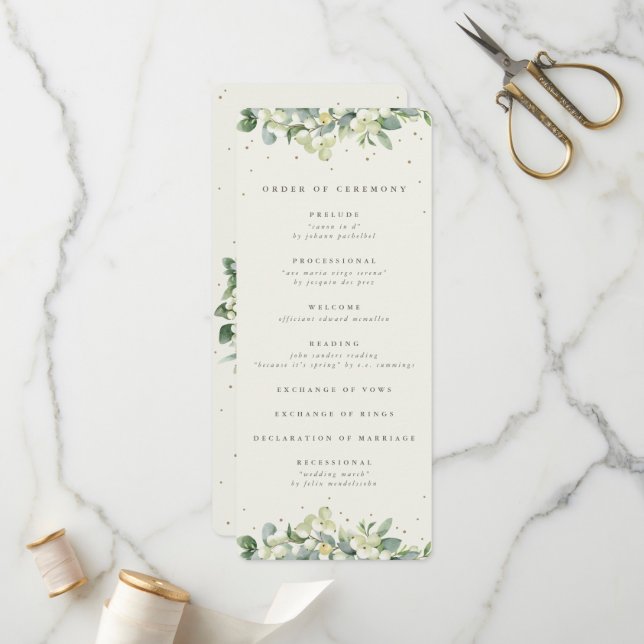 Elegant Cream Snowberry+Eucalyptus Winter Wedding Program (Fram/Back In Situ)
