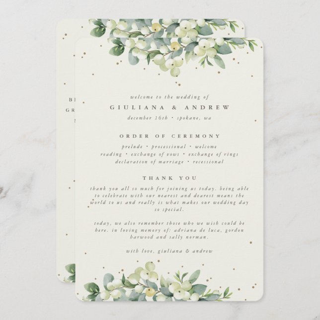 Elegant Cream Snowberry+Eucalyptus Winter Wedding Program (Fram/baksida)