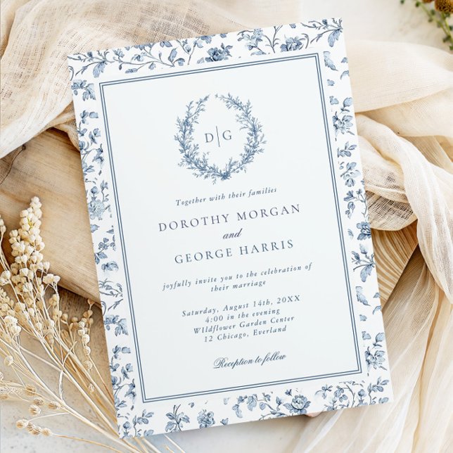 Elegant Crest Blue Chinoiserie Wedding Inbjudningar (Skapare uppladdad)