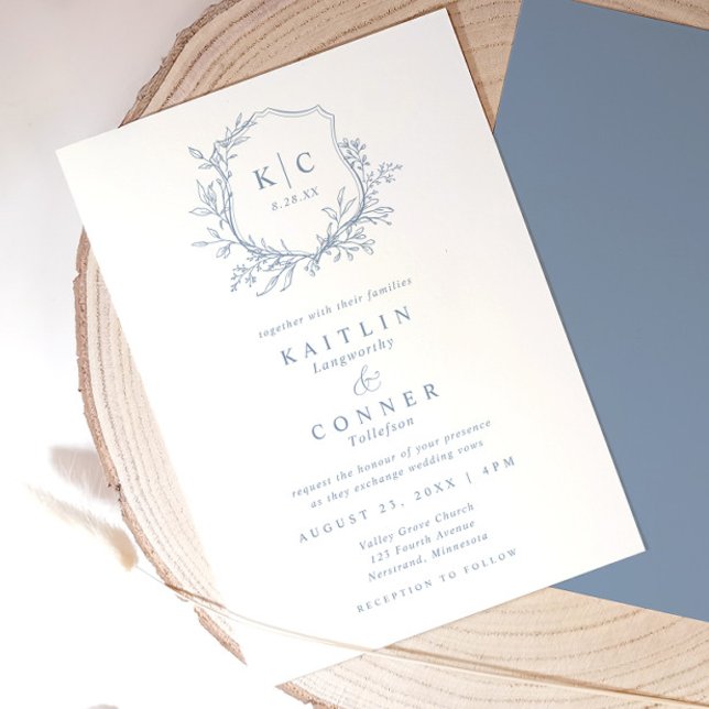Elegant Crest Dusty Blue Classic Formal Wedding Inbjudningar (Elegant dusty blue wedding invitation with vintage crest, monogram, and botanical details)