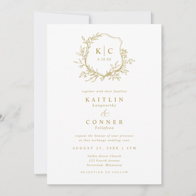 Elegant Crest Gold Classic Formal Wedding Logo Inbjudningar (Framsida)