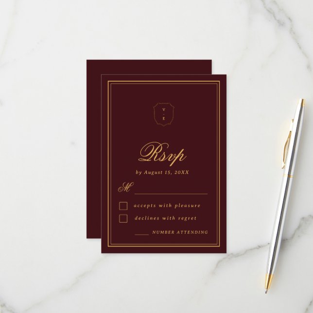 Elegant Crest Monogram Burgundy Gold Fall Wedding OSA Kort (Fram/Back In Situ)