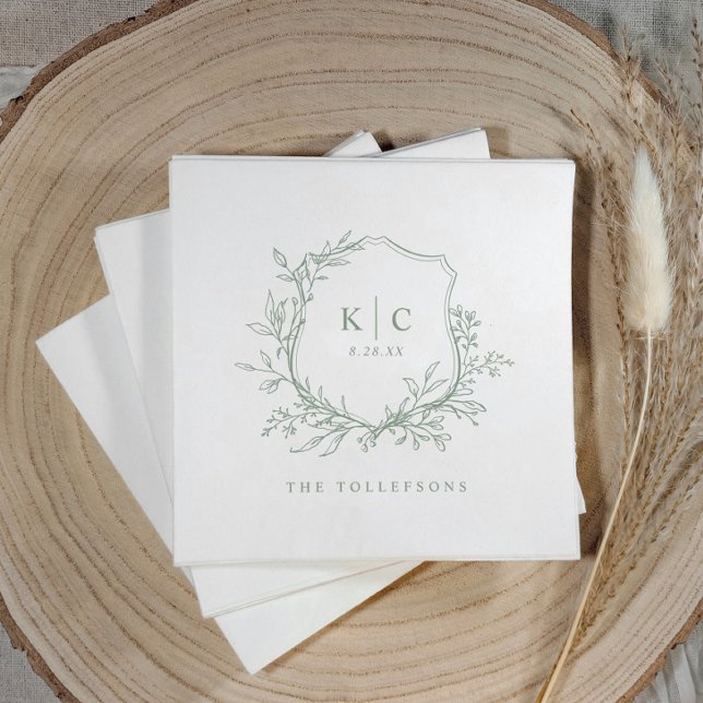 Elegant Crest Sage Green Wedding Logo Pappersservett (Elegant sage green wedding logo napkins with classic crest, initials, and simple traditional design)