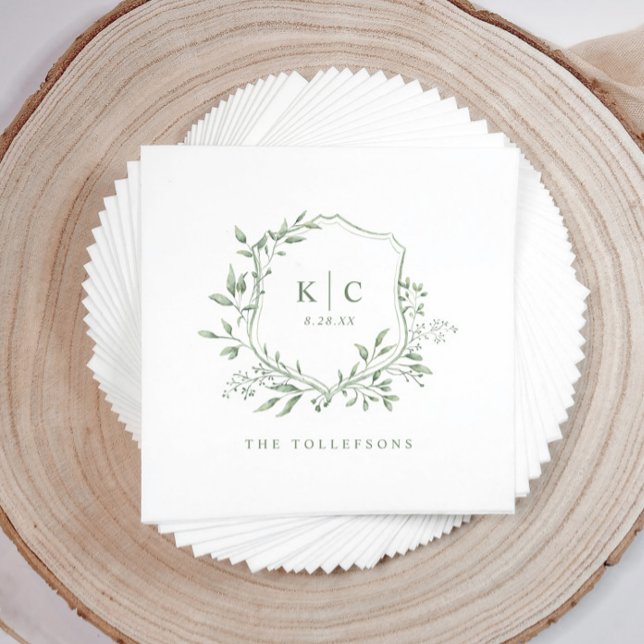 Elegant Crest Sage Watercolor Wedding Logo Pappersservett (Elegant sage green wedding napkin with hand-painted watercolor crest and initials)