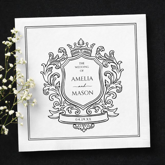 Elegant Crest Svart och Vitt Pappersbröllop Pappersservett (Elegant Crest Black and White Paper Wedding Napkins)
