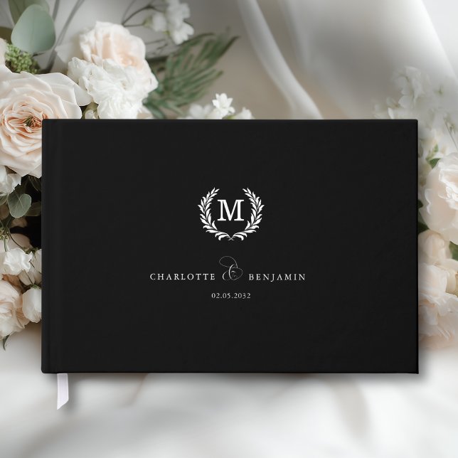 Elegant Crests Monogram Bröllop Svart Gästböcker (Elegant Crest Monogram Wedding Black Guest Book)