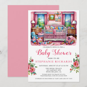 Elegant Crib Pink Nursery Room Baby Shower Inbjudningar