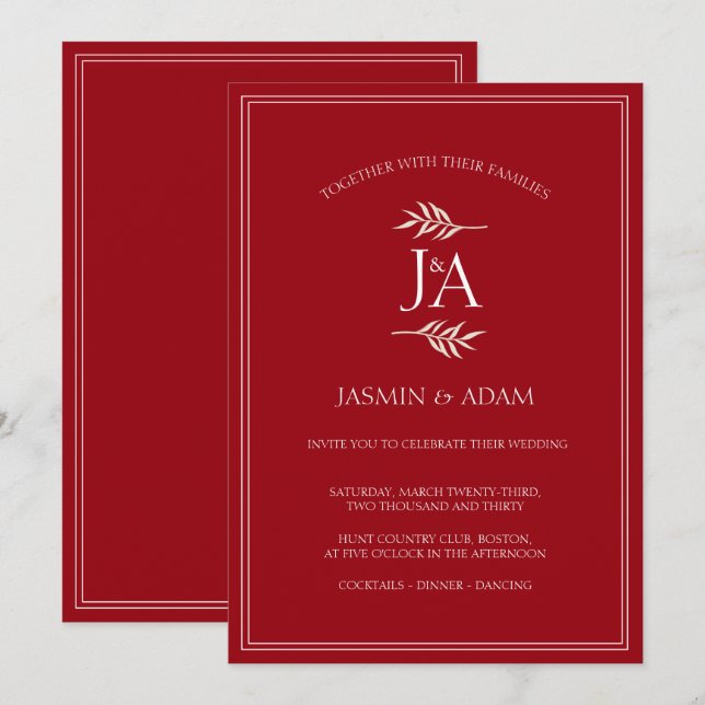 Elegant Crimson Red Classic Monogram Bröllop Inbjudningar (Fram/baksida)